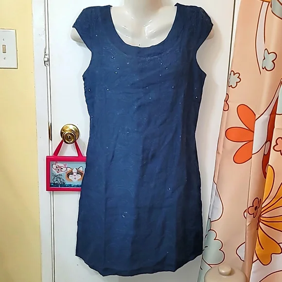 Lina Tomei Dresses Lina Tomei Linen Dress Blue Sequin